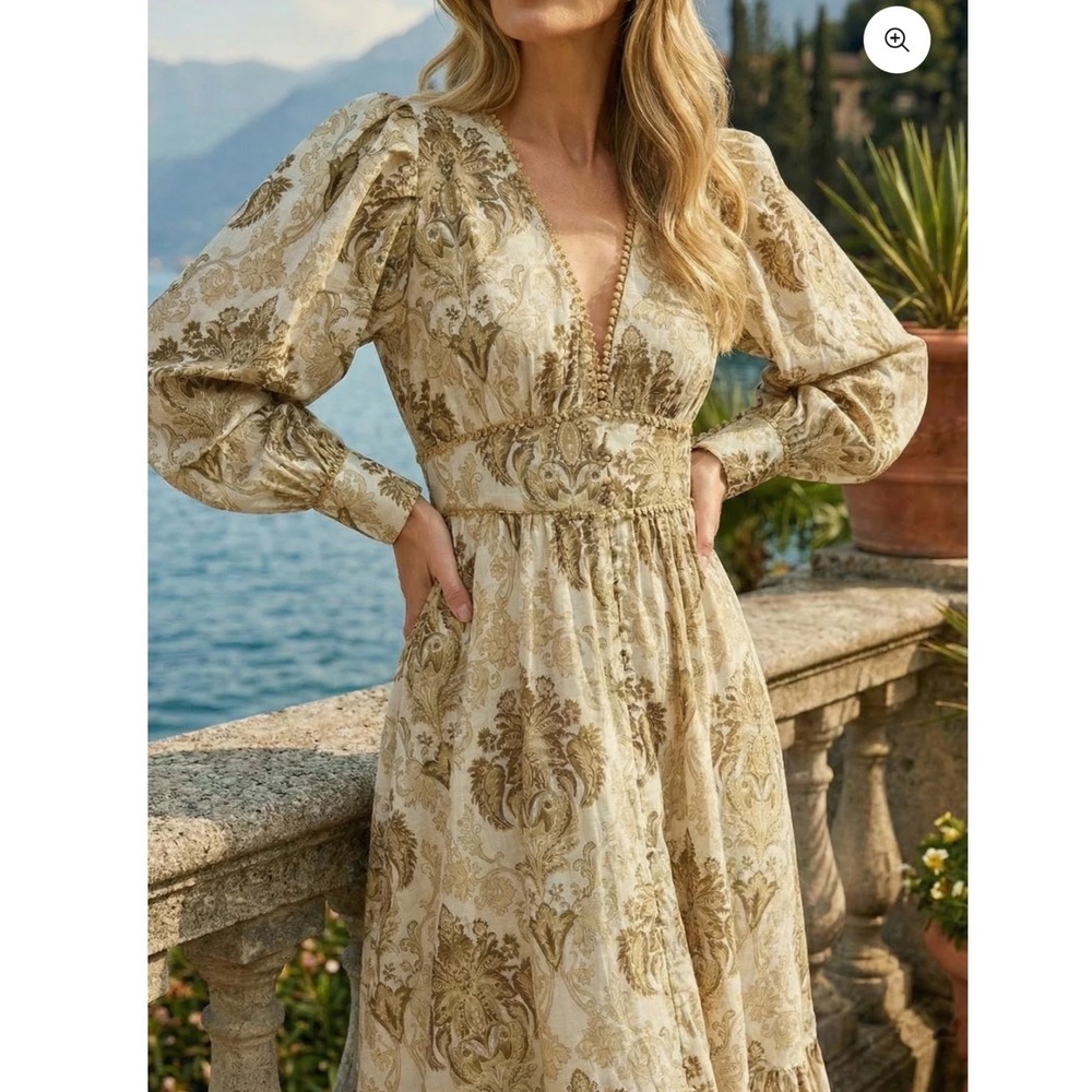 Trish Scully islanDamask Cotton Linen Midi Dress Cream V-Neck Puff Sleeve Boho s - Picture 4 of 15